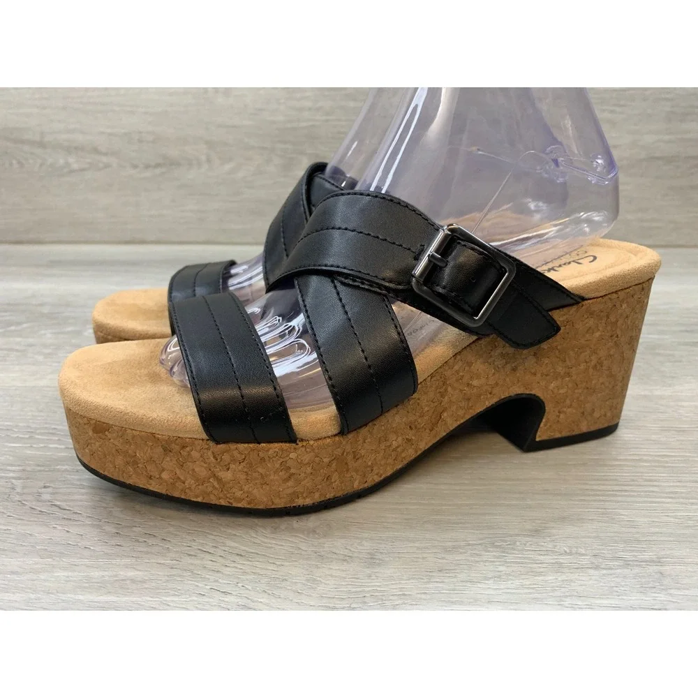 Clarks Black Leather Cork Platform Wedge Sandals Women's 8.5 Comfort Shoes